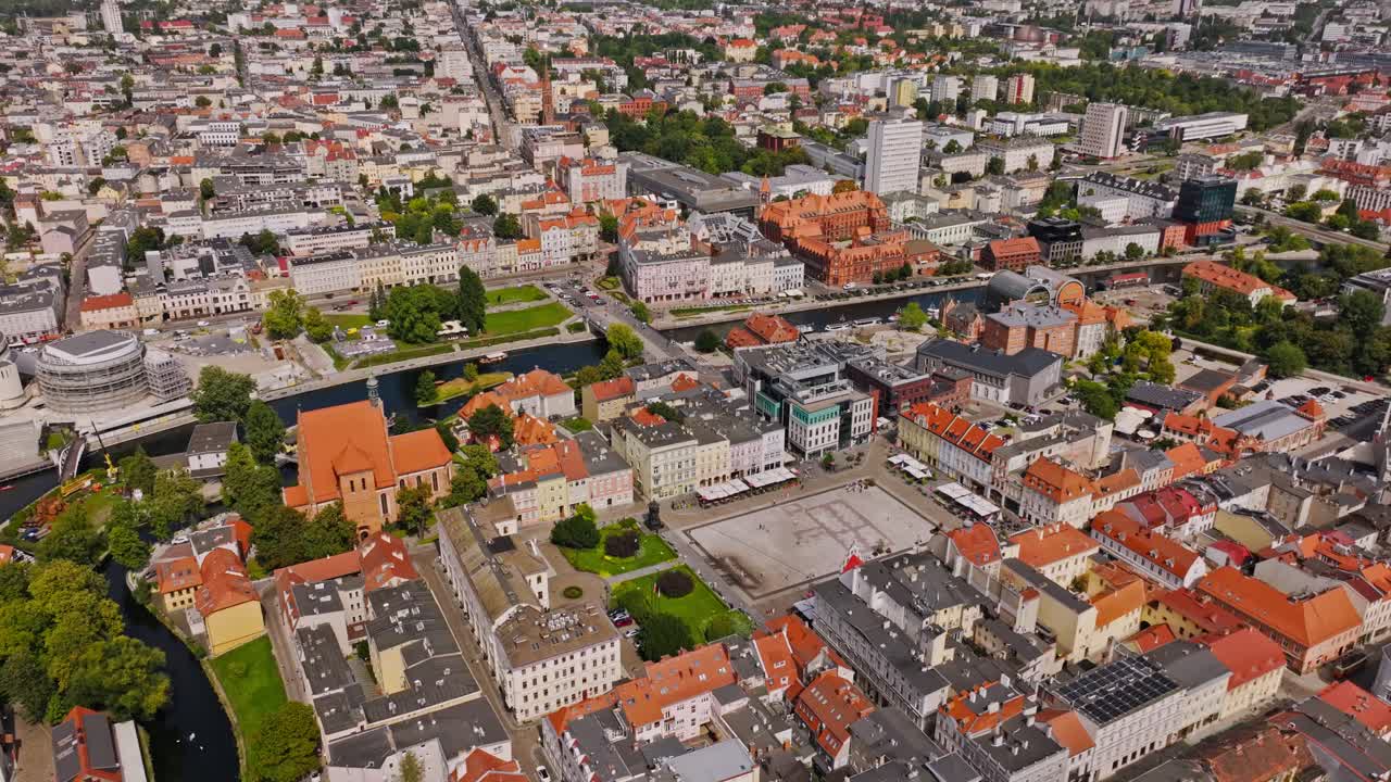 Aerial cinematic view of Bydgoszcz highlighting Opera Nova and cultural fame
