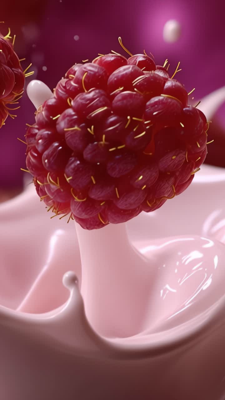 Close-Up of a Juicy Raspberry on Creamy Pink Yogurt with Soft Lighting and a Smooth Texture, Highlighting the Freshness and Delicacy of the Fruit