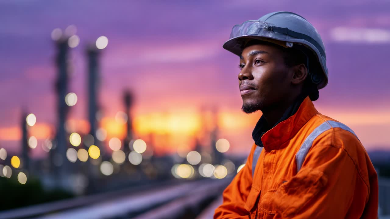 Un ouvrier industriel dévoué regarde l’horizon au coucher du soleil, portant un casque de sécurité et un équipement de protection, incarnant la résilience et l’engagement dans un environnement industriel dynamique.