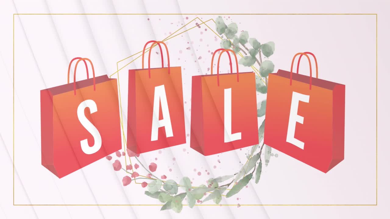 분홍색 배경에 꽃 디자인에 대항하여 쇼핑 가방에 판매 텍스트의 디지털 애니메이션