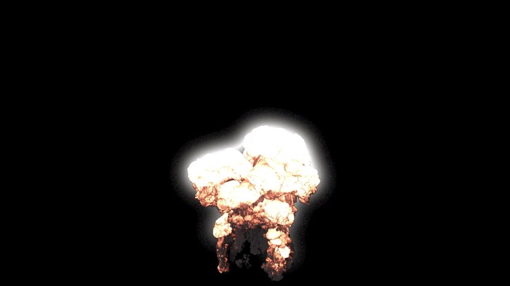 A powerful explosion of explosives or fuel with a large amount of black smoke. An explosion with black smoke on an isolated background with an alpha channel, a fuel explosion.
