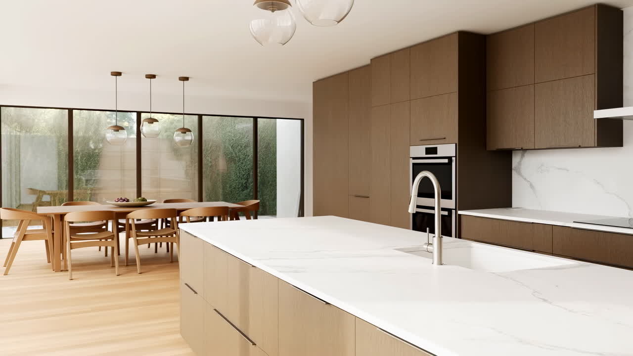 Cozinha e Área de Jantar Modernas com Ilha Grande e Armários de Madeira