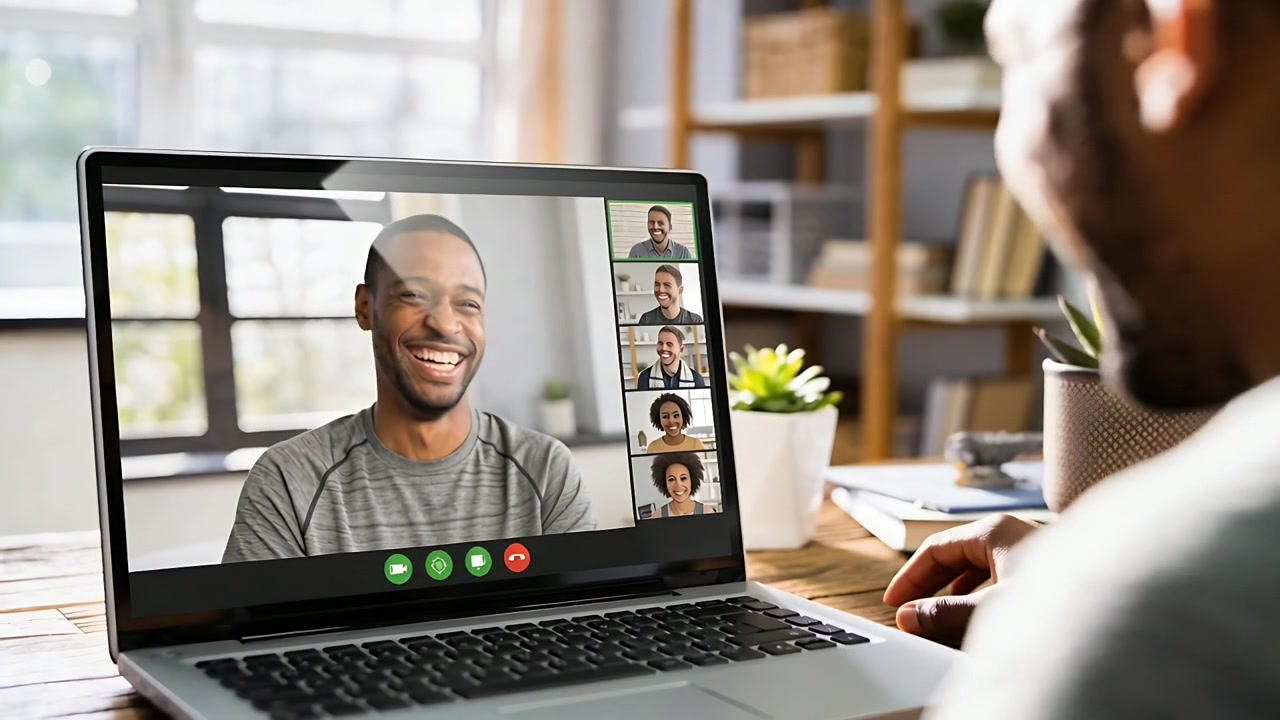 Smiling onscreen man in grey crewneck turning to laugh on desk call, viewer leaning touching laptop