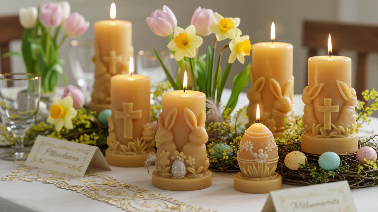 A Festive Spring Table Arrangement Featuring Decorative Candles, Colorful Easter Eggs, and Fresh Flowers, Creating a Joyful Atmosphere for Celebrations