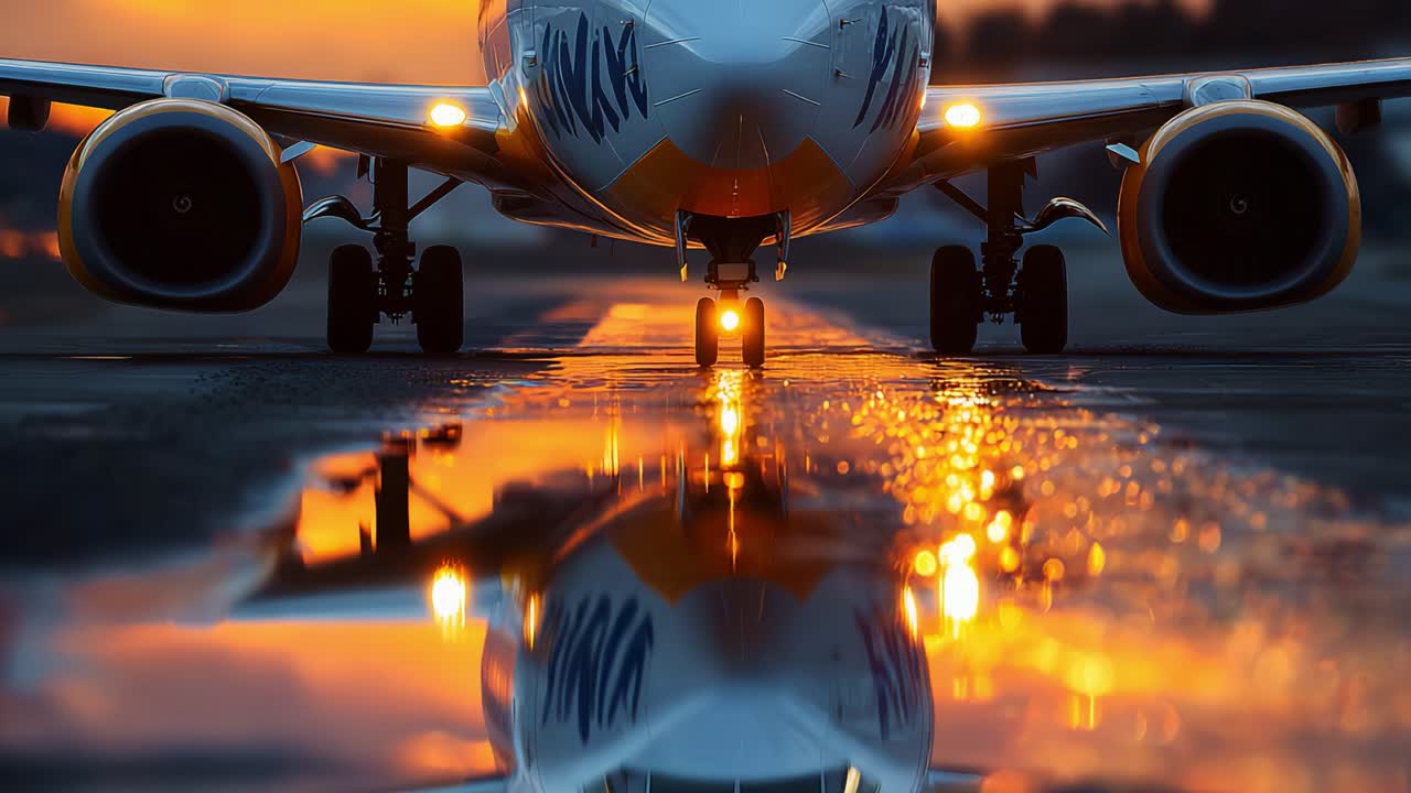 A stunning capture of an aircraft on the runway during sunset, showcasing the reflective surfaces and the vibrant colors of the evening sky, highlighting aviation's beauty and elegance