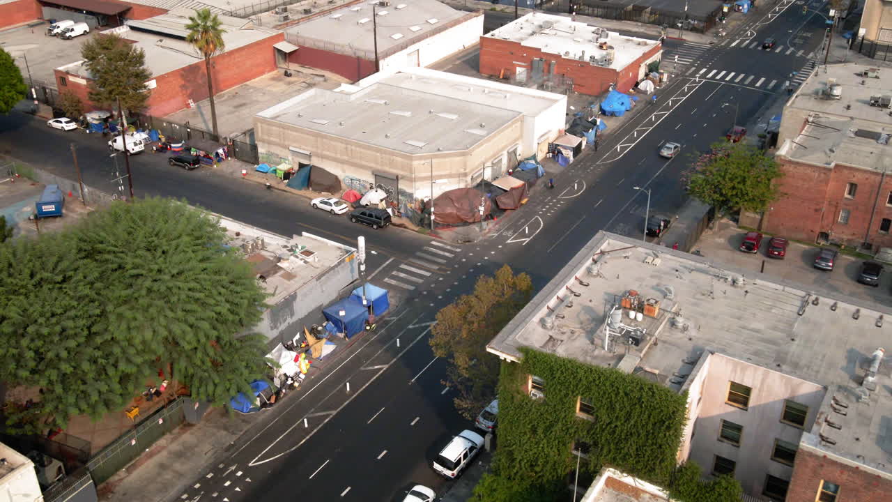 Aerial View of Urban Homeless Encampments and Tent Cities