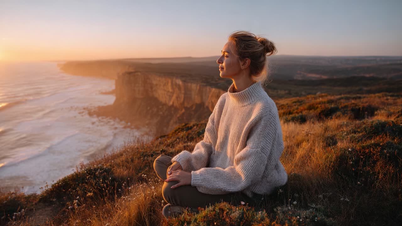 A Serene Moment of Reflection: A Young Woman Meditates at Sunset Overlooking the Ocean and Cliffs, Embracing the Calm Beauty of Nature and Tranquility