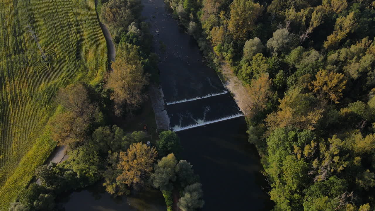 호수 주변의 나무와 몇 개의 물 뗏목으로 둘러싸인 강 위를 날아보세요.
