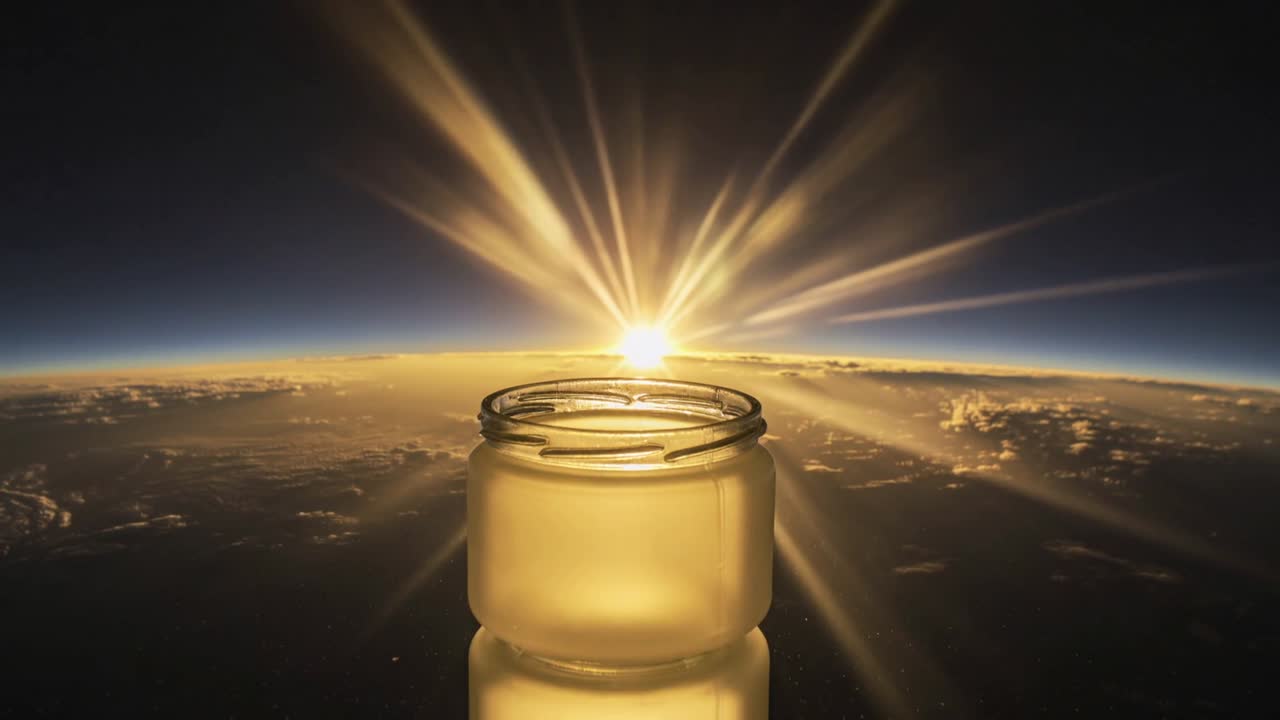 Rising sun emitting starburst rays over near-space view, illuminating glass jar with threaded rim