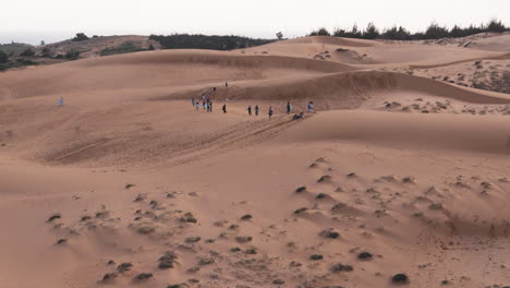 tourist strolling and enjoying sand sledding on red sand dunes of mui ne at sunset in vietnam