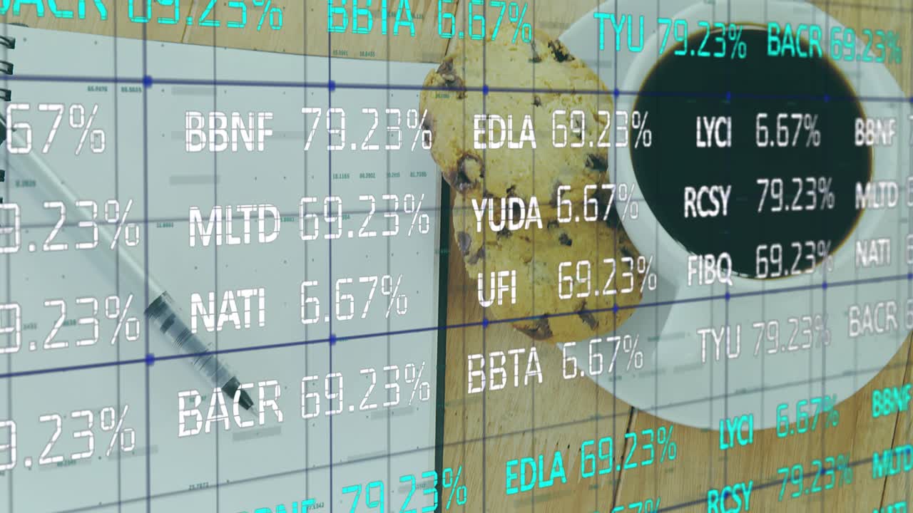 Overlay updating data on notebook while view sliding right revealing coffee pastries showing trends