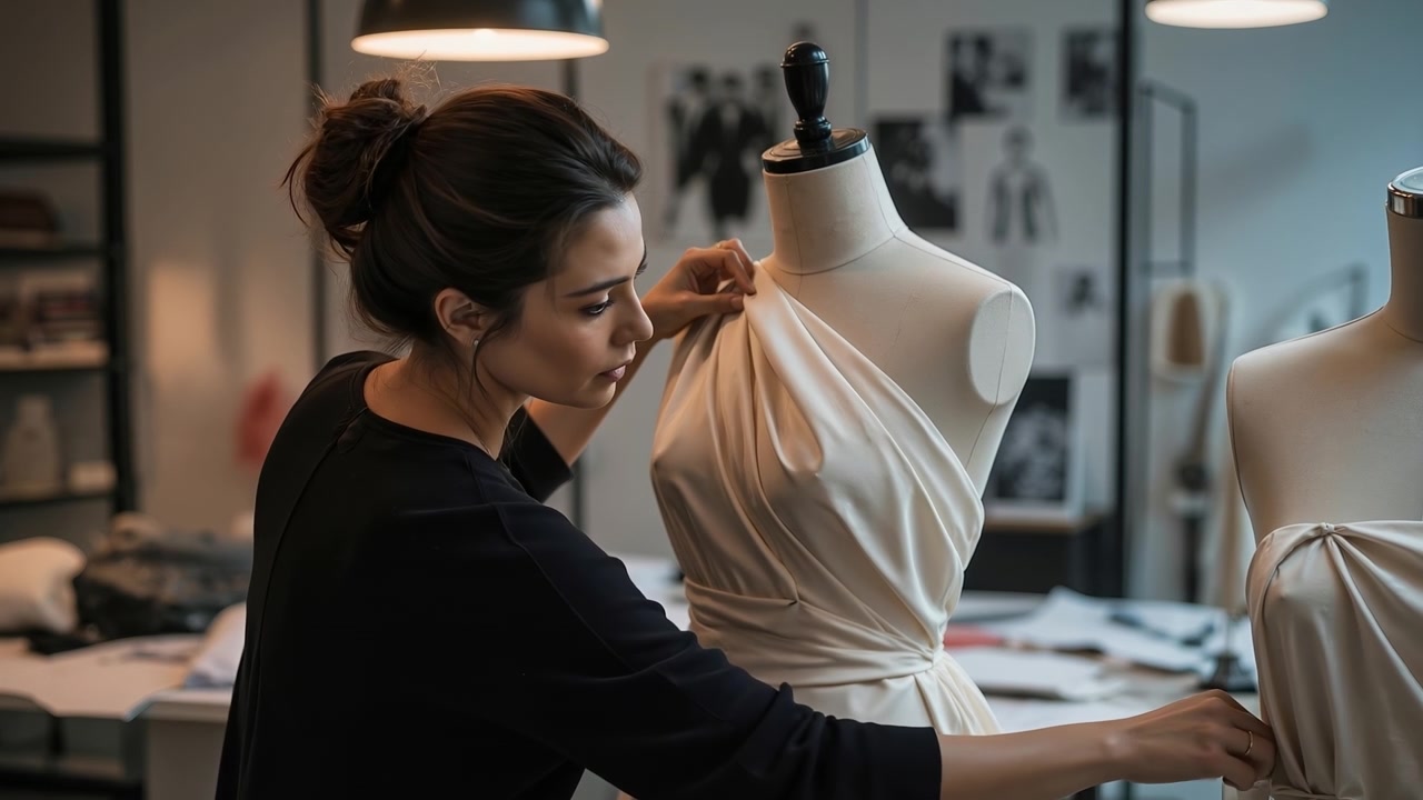 Modedesigner draperer stof på en mannequin i et kreativt studieværksted om aftenen.