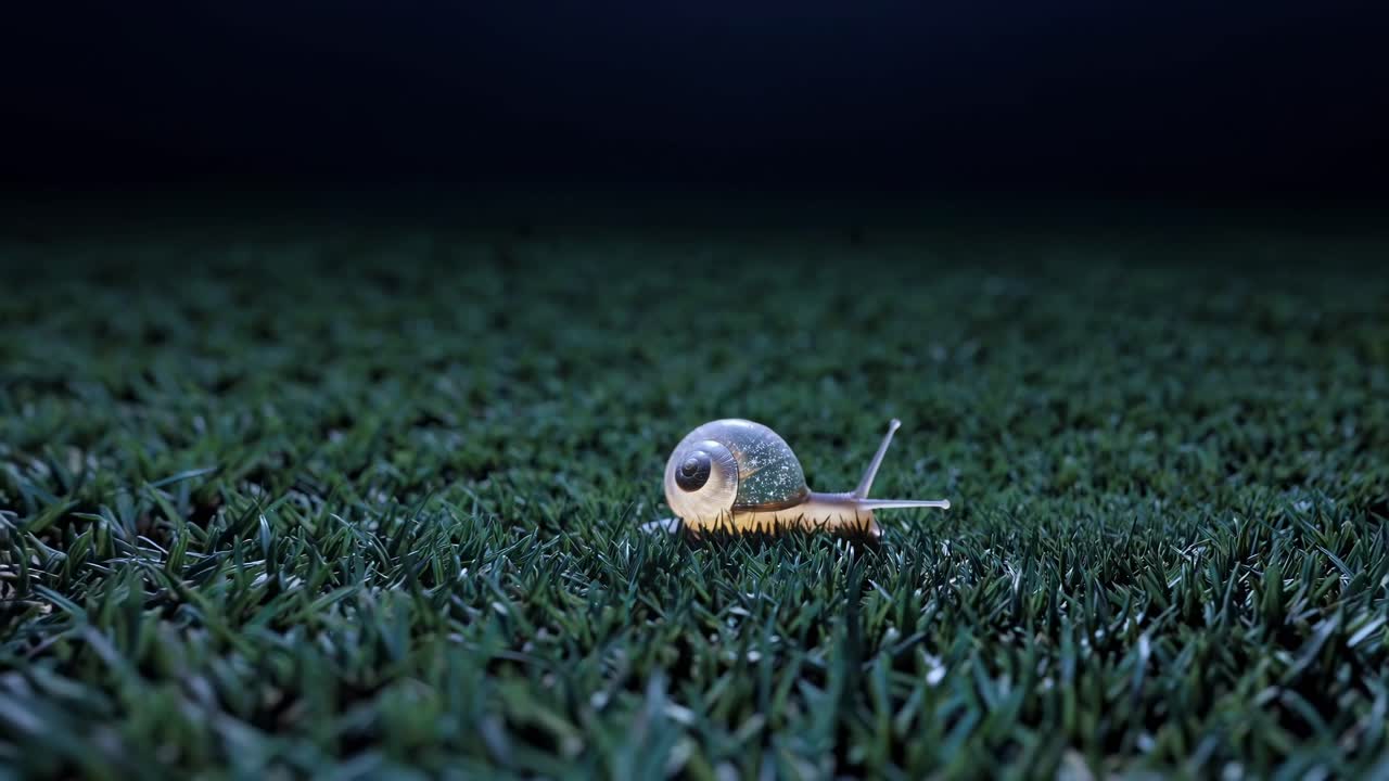 Close-up video still of a snail on grass, shot from a low angle