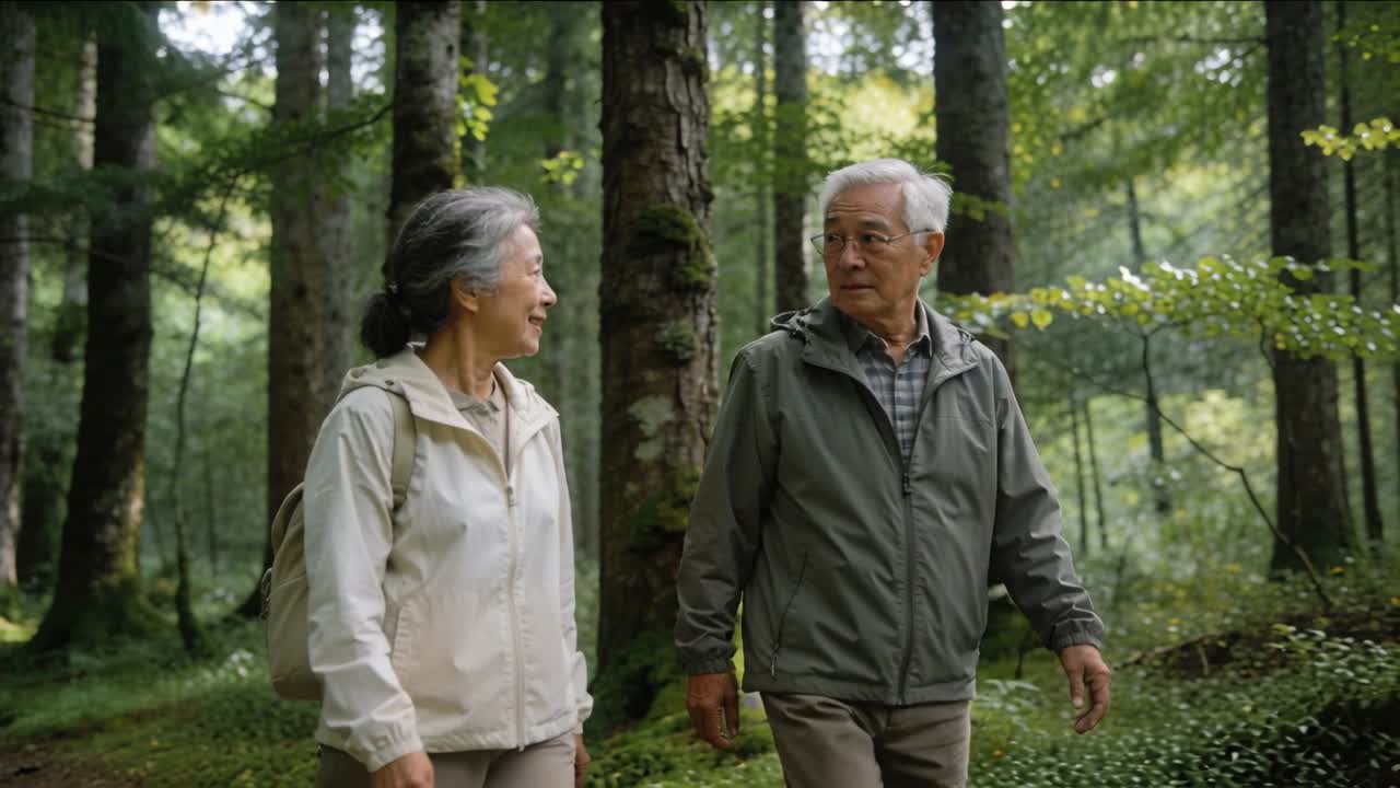 Pareja asiática mayor caminando, mirando y riendo por un sendero cubierto de musgo, con una mochila ligera y chaquetas.