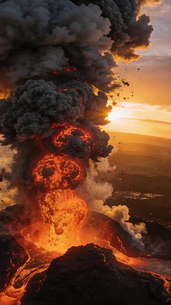 Video verticale: Bocca sommitale che erutta a fontana, emettendo colate di lava mentre il magma in risalita alimenta la tefra, al tramonto.