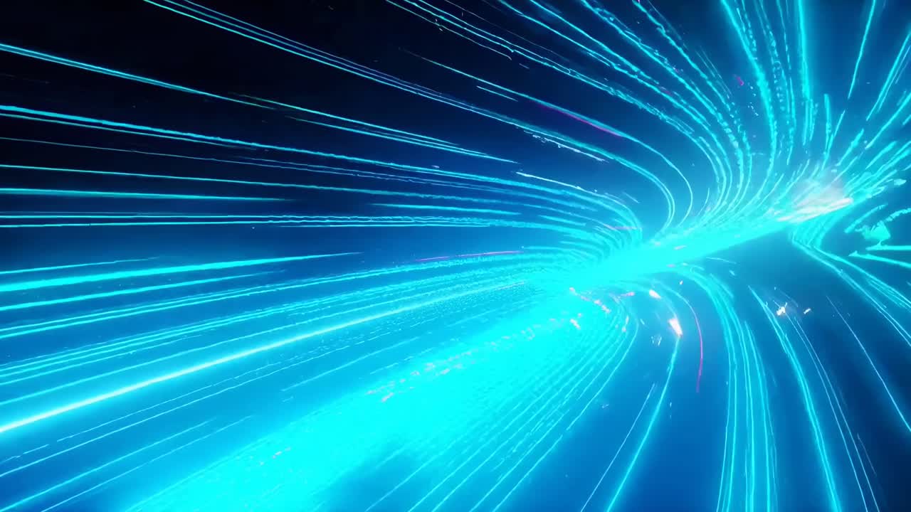 前方移動アングルから捉えられた、ネオンブルーとピンクの光の軌跡が映るダイナミックなビデオ