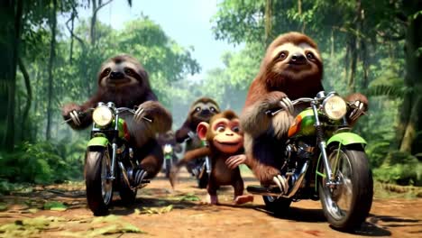 a joyful adventure in the jungle: sloths and monkeys riding motorcycles through lush greenery, embracing freedom and fun in a playful, animated journey