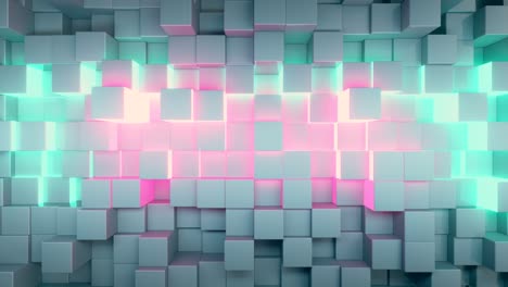 fondo de tecnología abstracta para presentaciones de negocios. cubos que se mueven al azar. brillo de neón brillante en el medio. bucle sin costuras 3d render