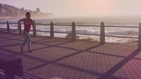 Animation-of-light-spots-over-biracial-woman-running-on-promenade