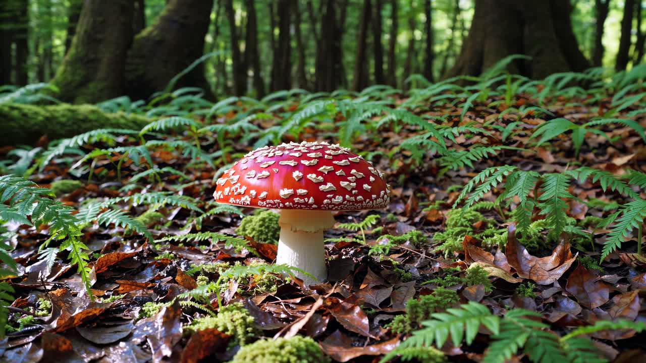 Close-up of a vibrant red mushroom in a lush forest, captured at ground level