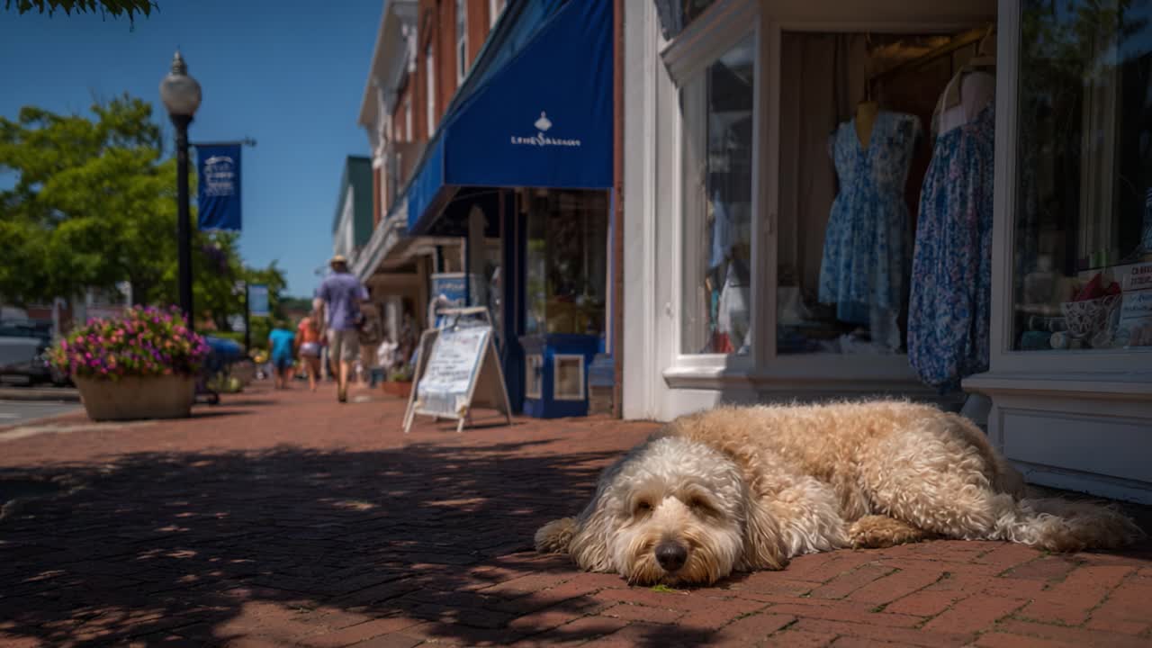Un cane rilassato si riposa sul marciapiede in un vivace quartiere dello shopping, godendosi il caldo sole e l'attività dei passanti nelle vicinanze