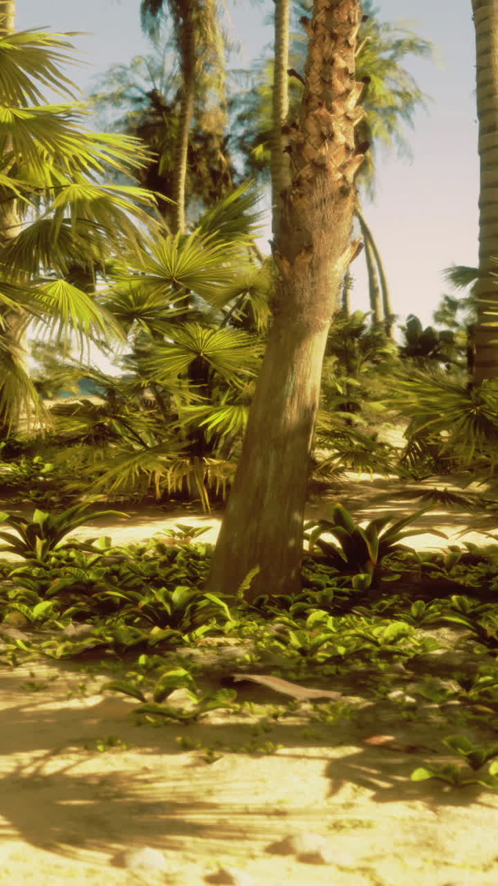 Lush tropical landscape with palm trees and vibrant greenery near the coast