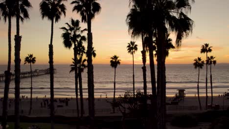 Puesta-De-Sol-De-Ensueño-Con-Palmeras-En-La-Playa-Tropical-En-San-Clemente,-Antena