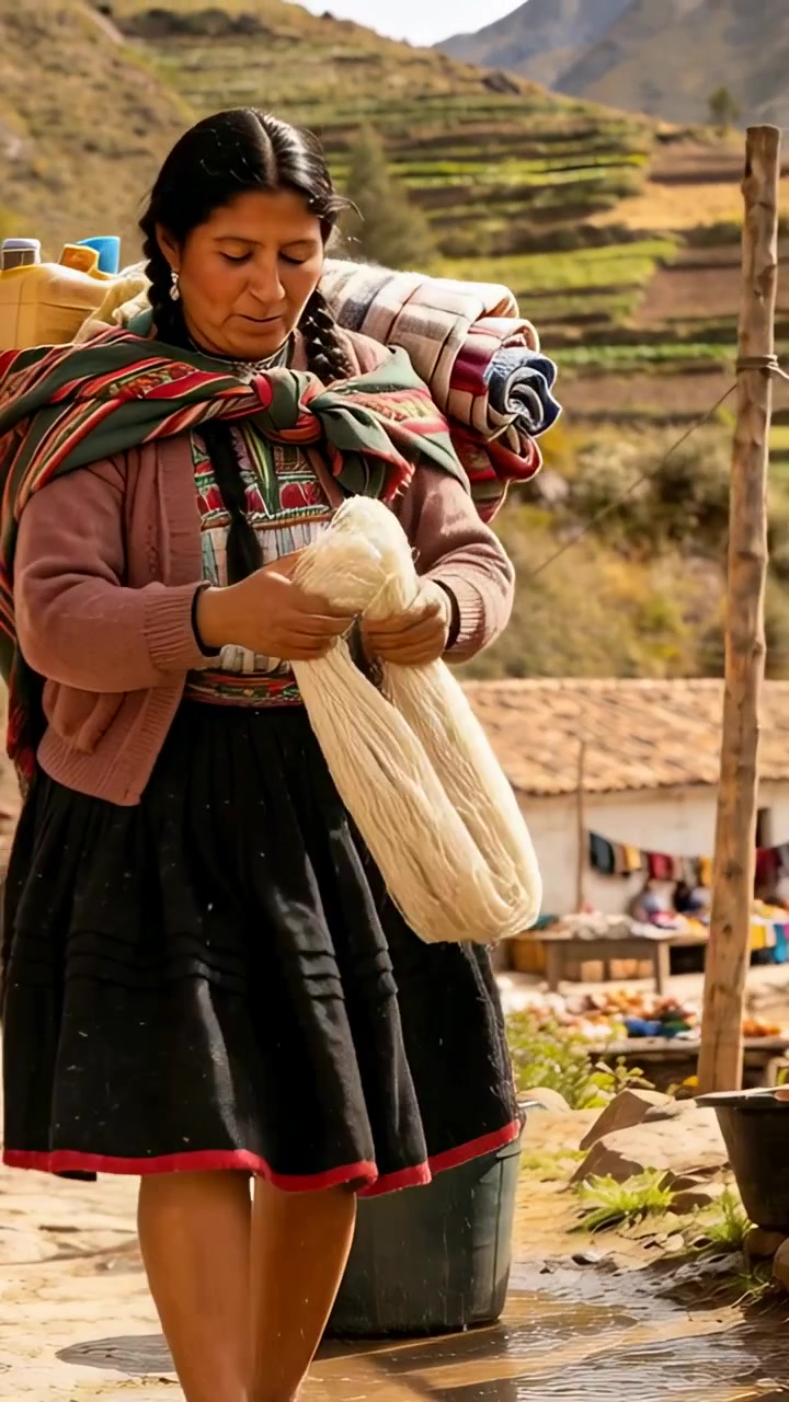 Vertical video: Holding wet skein, Andean woman wringing over bucket at market in skirt for drying