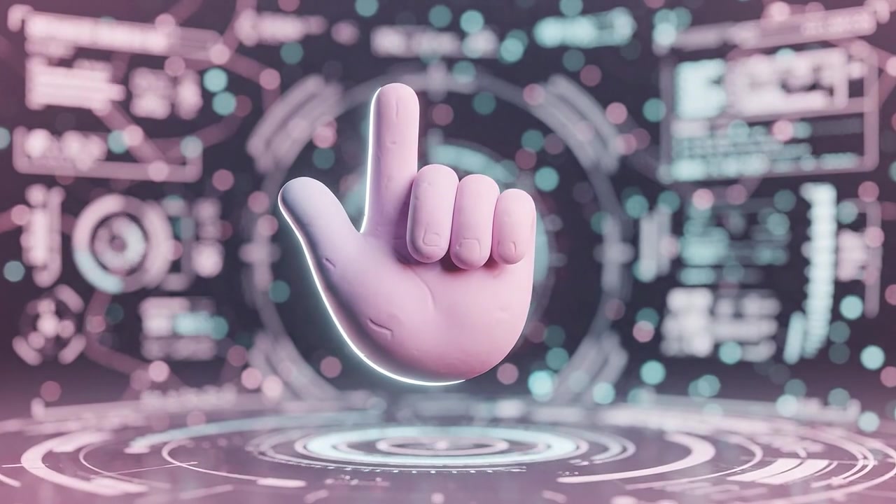 Un'Esplorazione Dinamica dei Gesti delle Mani Rappresentati Attraverso Innovative Tecniche di Modellazione 3D su uno Sfondo Digitale Futuristico Carico di Visualizzazioni di Dati