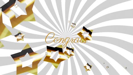 animation of golden stars falling over congrats text and rotating white and grey background