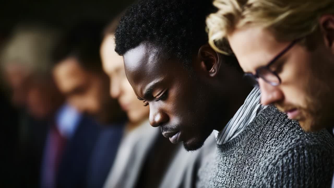 A contemplative moment captured in a series of frames, showcasing a diverse group of individuals deep in thought, reflecting on profound ideas and shared experiences