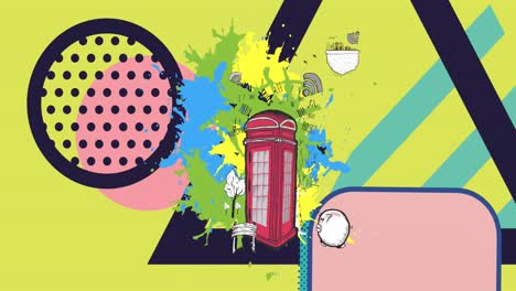 Animation-Einer-Telefonzelle-über-Formen-Auf-Gelbem-Hintergrund