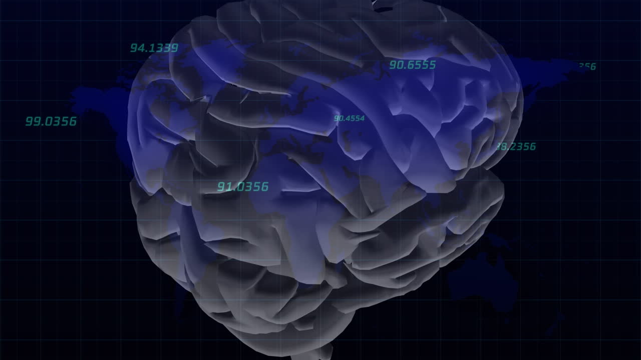 Animation of numbers and rotating brain on black background