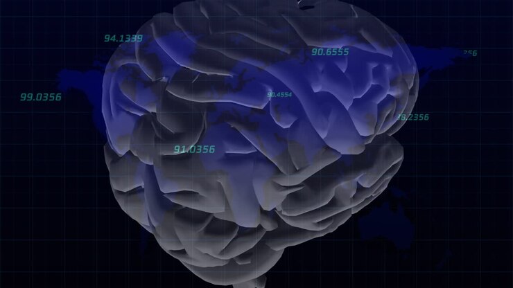 Animation of numbers and rotating brain on black background