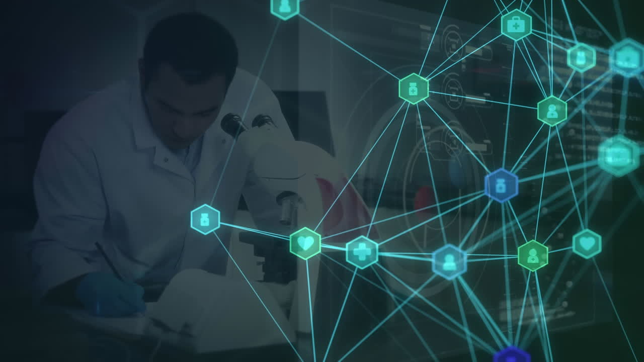 video compuesto digital de la red de conexiones con iconos contra el científico usando el microscopio