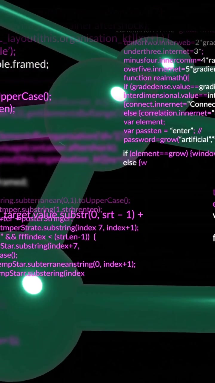 Programming code and data processing animation over abstract green shapes on black background
