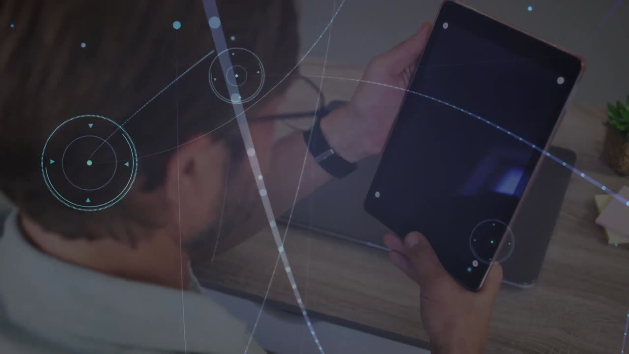 Animation of connections over caucasian man using tablet with copy space
