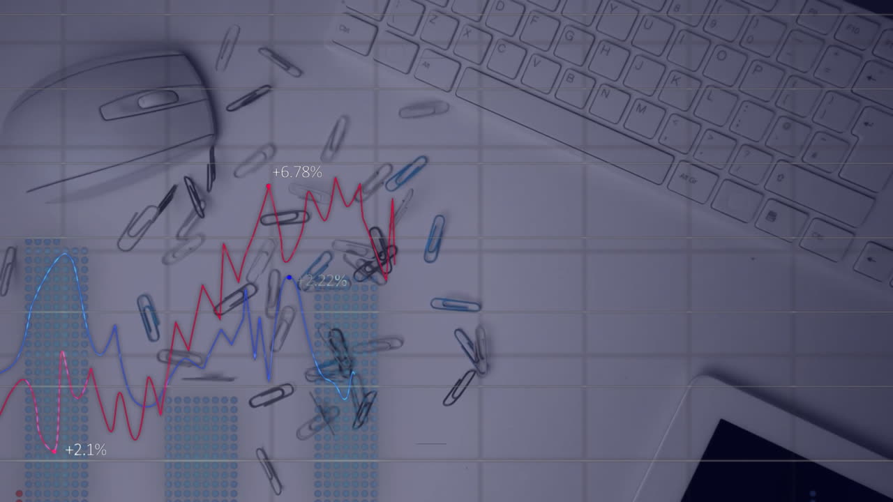 animazione dell'elaborazione dei dati finanziari su clip, mouse e tastiera su scrivania