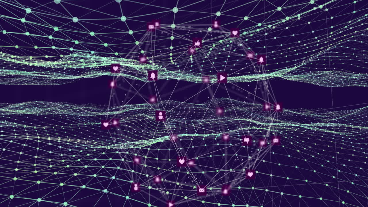 Animation of globe of network of connections with multiple icons over waving mesh
