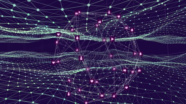 Animation of globe of network of connections with multiple icons over waving mesh