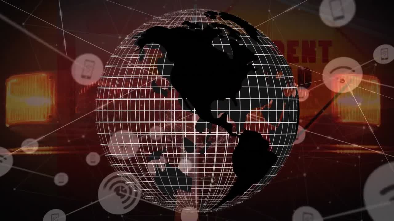 una red de conexiones con iconos sobre un fondo negro.