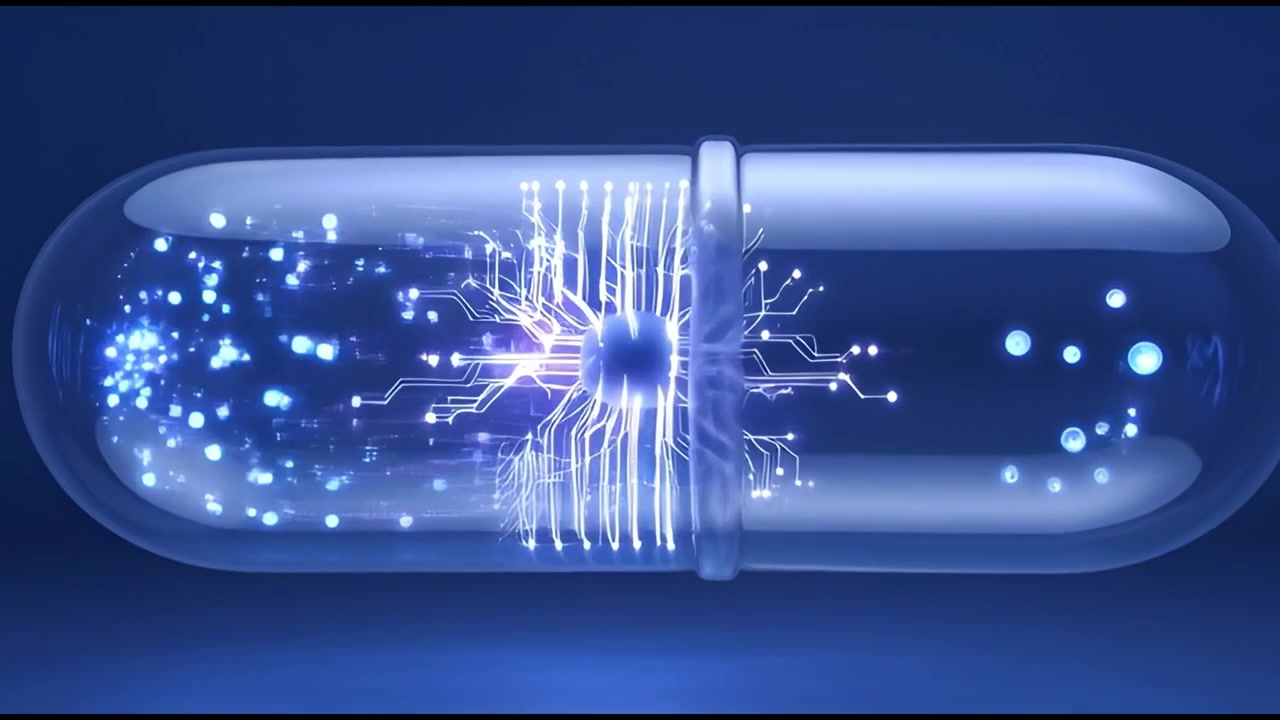 Futuristic Smart Pill with Glowing Circuit Board and Data Transfer