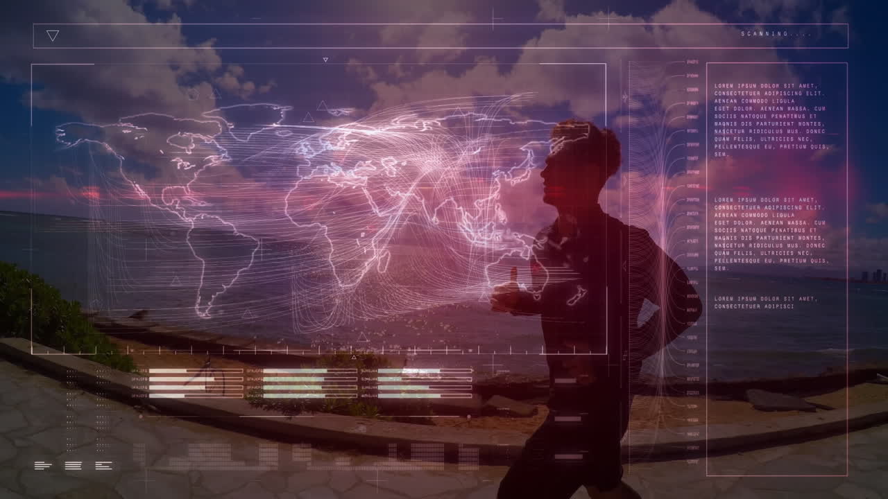 Animation of data processing over fit man running at beach
