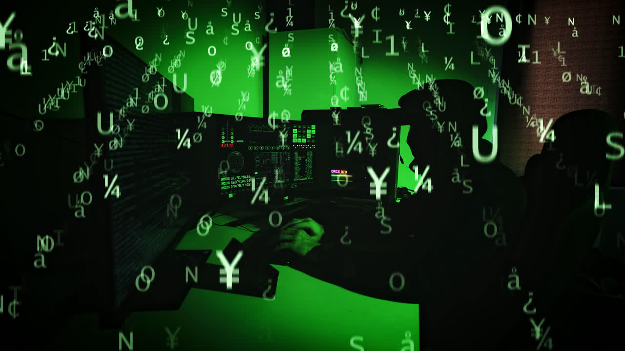 Cinematic hacker scene with green matrix code and high-tech cyber threat