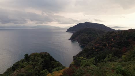 aerial drone above red green orange trees, kyotango kyoto japanese sea mountain landscape in cloudy daylight, sunshine through