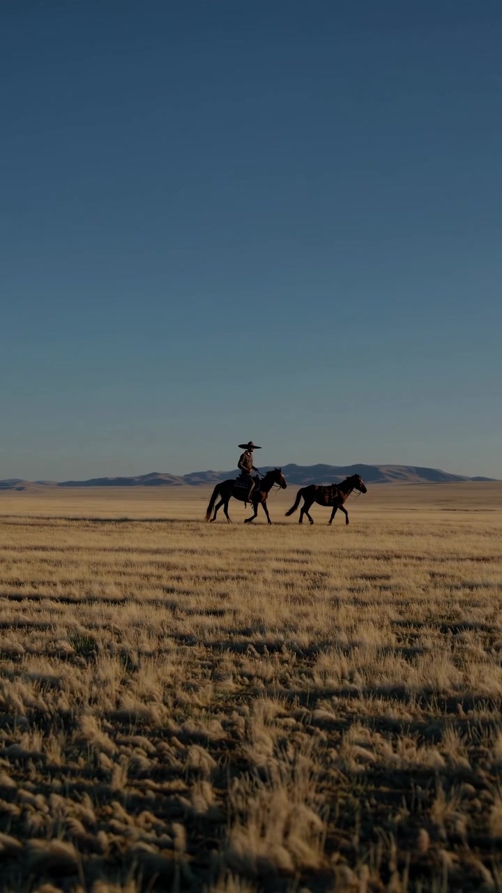 Cowboy che cavalca un cavallo attraverso una vasta prateria dorata al tramonto