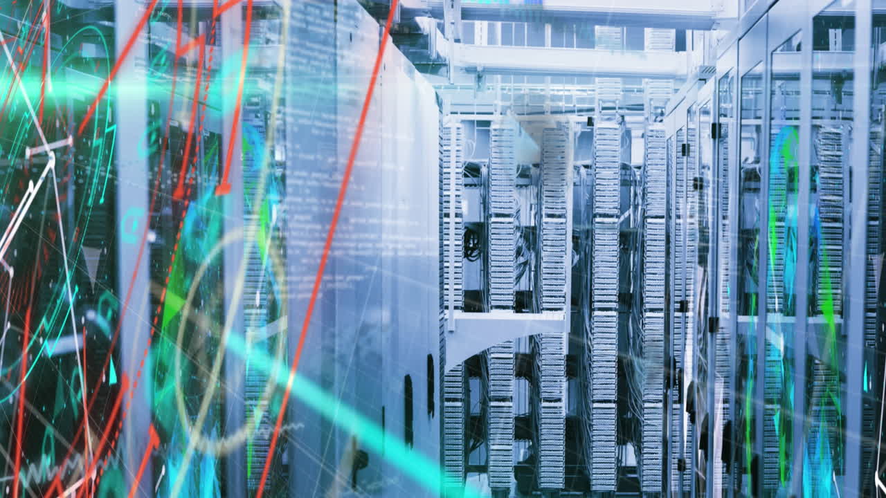 animación del lenguaje informático, patrón abstracto y puntos conectados que forman formas sobre estantes de servidores.