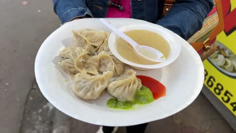 Profilansicht-Von-Chicken-Momo-Im-Darjeeling-Stil,-Serviert-Auf-Einem-Thermocol-Teller