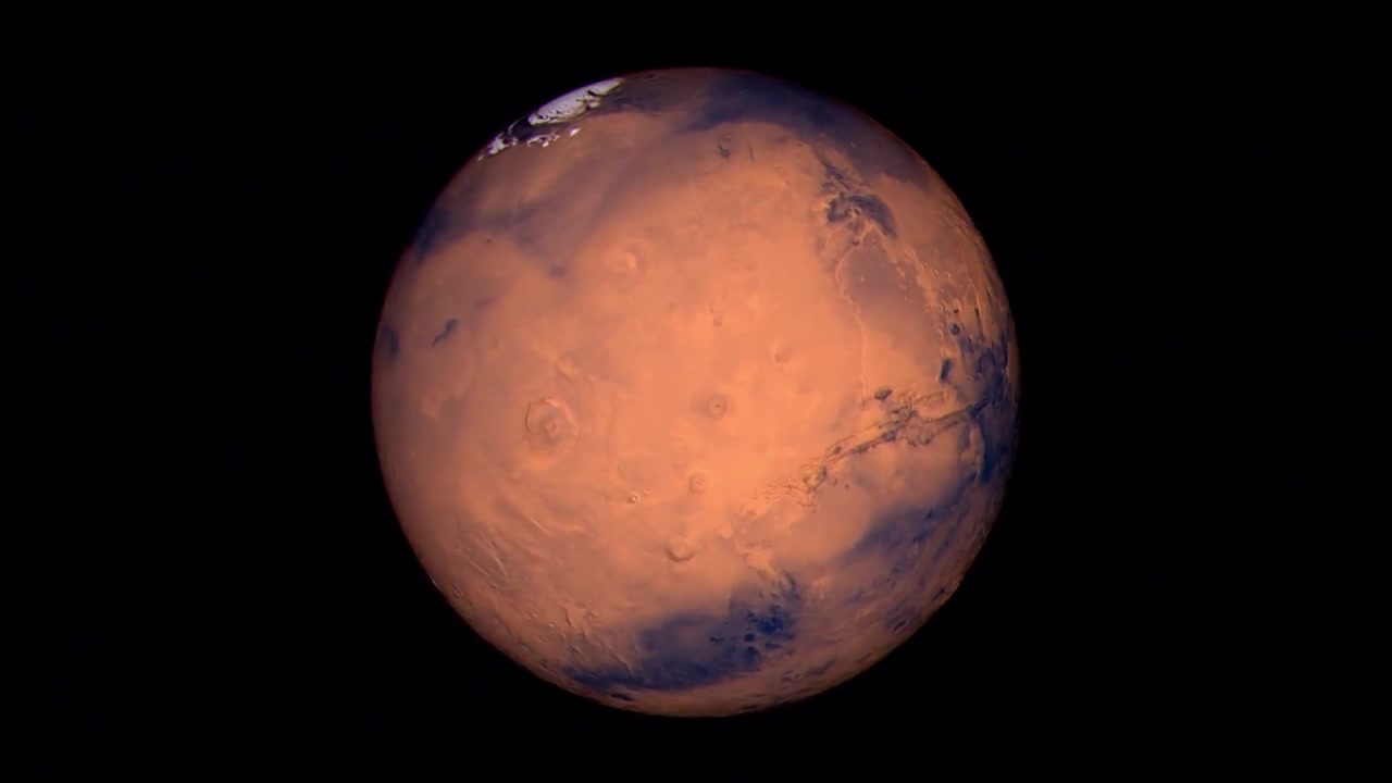 Vista cinematografica del pianeta Marte che ruota nello spazio profondo con calotta polare