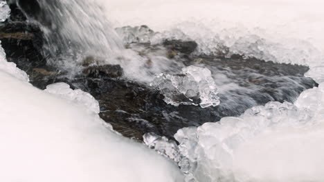 nahaufnahme von wasser, das von einem kleinen wasserfall in einem verschneiten wald fällt